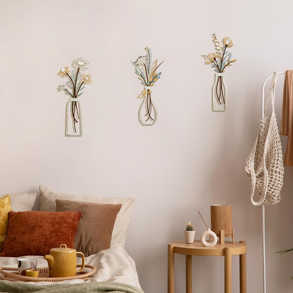 HASTHIP® 3 Pieces Metal Flowers Wall Art Rustic Farmhouse Decor Beige Minimalist Flower Wall Decors for Living room Bathroom Bedroom Dining Room-Housewarming Gifts HASTHIP® 3 Pieces Metal Flowers Wall Art Rustic Farmhouse Decor Beige Minimalist Flower Wall Decors for Living room Bathroom Bedroom Dining Room-Housewarming Gifts